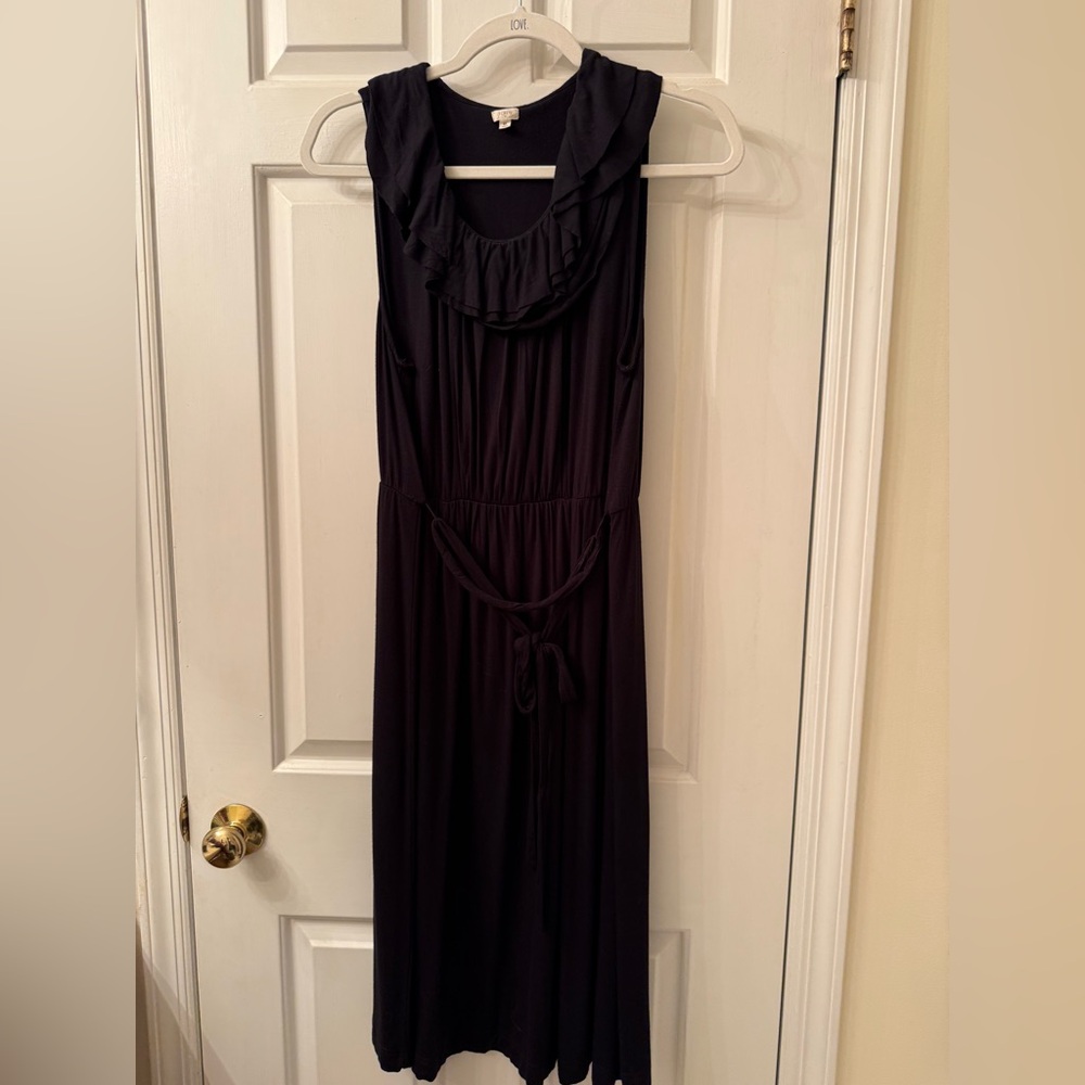 J. Crew Black Midi Dress with Ruffled Neckline